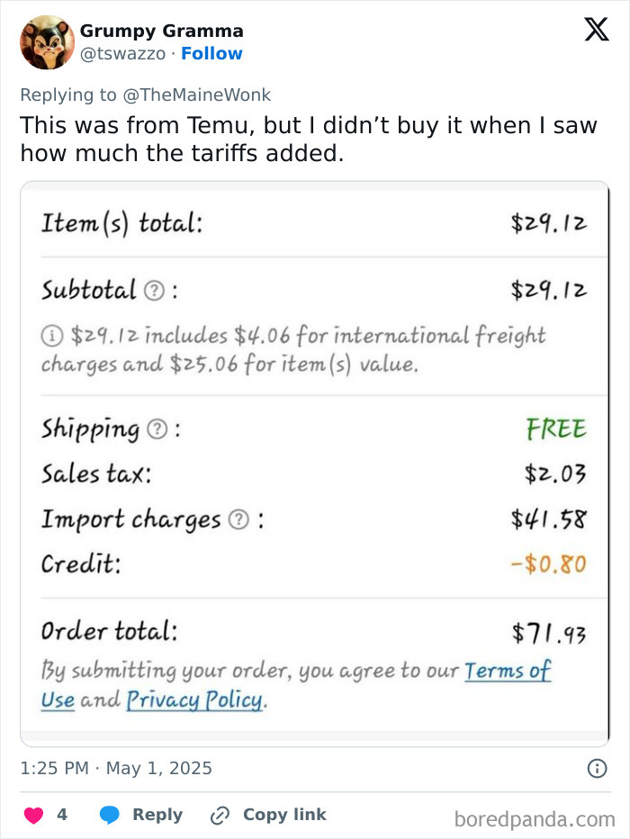 Receipt showing high tariffs impact with import charges doubling item cost for regular Americans shopping online.