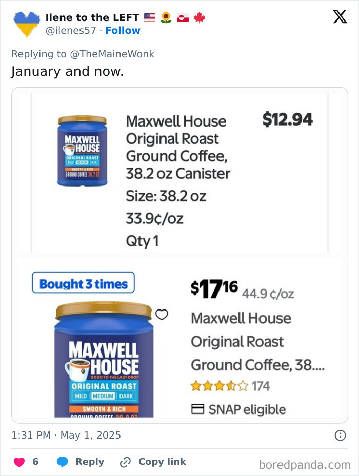 Price increase comparison of Maxwell House ground coffee showing impact on regular Americans due to high tariffs.