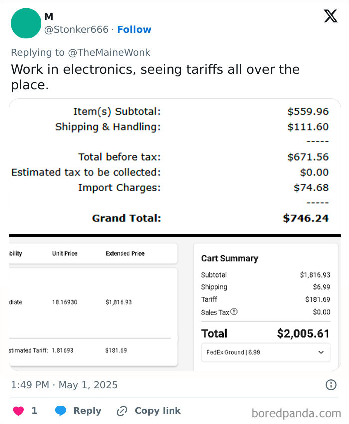 Receipts showing high tariffs increasing costs on electronics and other items for regular Americans.