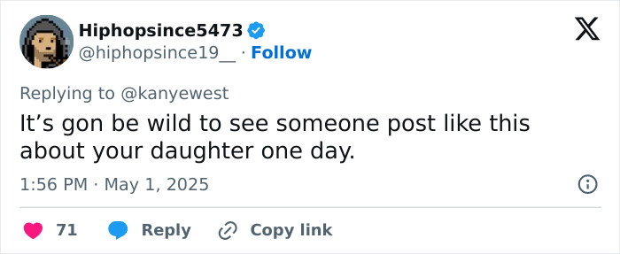 Screenshot of a Twitter reply mentioning Kanye West and referencing a post about being subservient to Bianca Censori.