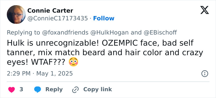 Tweet discussing Hulk Hogan&rsquo;s troubling new look at 71, mentioning his face, hair color, beard, and eyes.