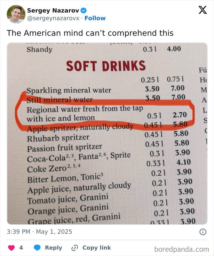 Menu listing soft drinks with regional water fresh from the tap with ice and lemon highlighted to confuse Americans.