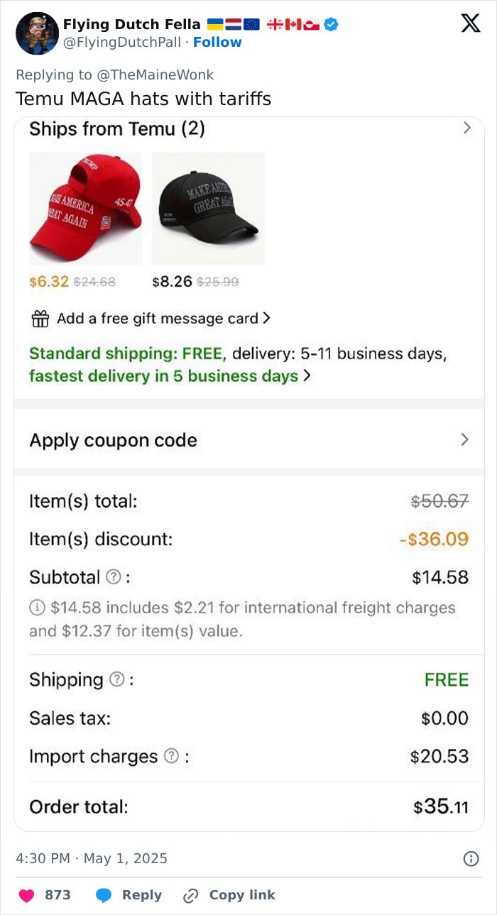 Screenshot of online purchase showing MAGA hats with tariffs and import charges impacting regular Americans' prices.