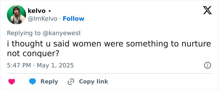 Tweet replying to Kanye West questioning his view on women in relation to being subservient to Bianca Censori.