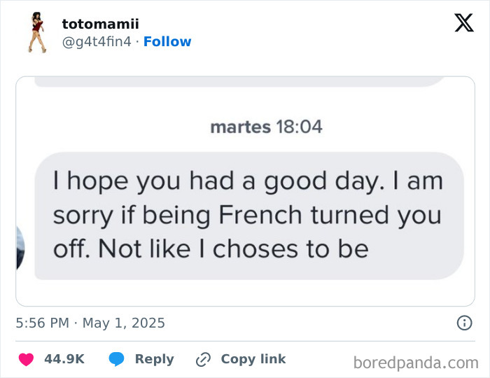 Screenshot of a funny tweet from May apologizing for being French, part of 66 tweets from May that are too funny to miss.