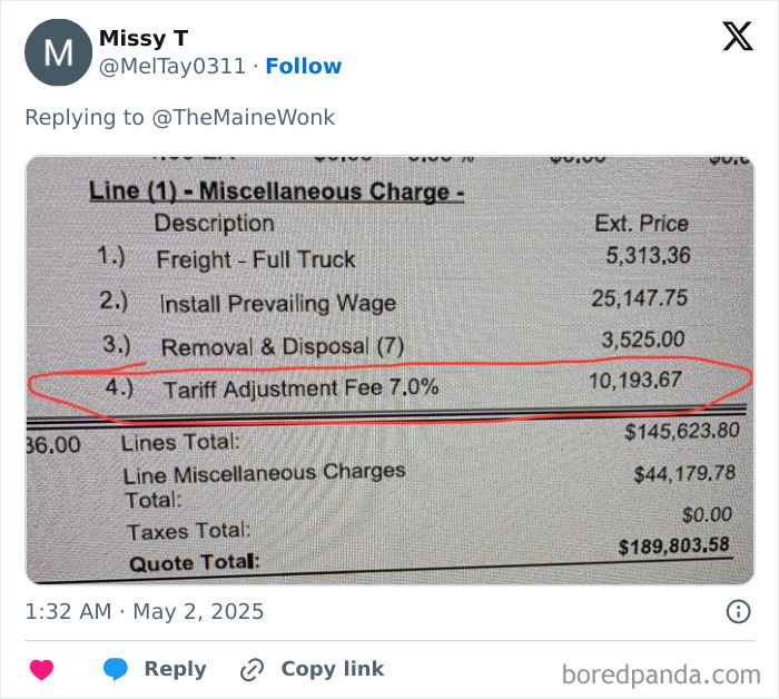 Receipt showing a tariff adjustment fee of 7.0 percent contributing to high tariffs affecting regular Americans.