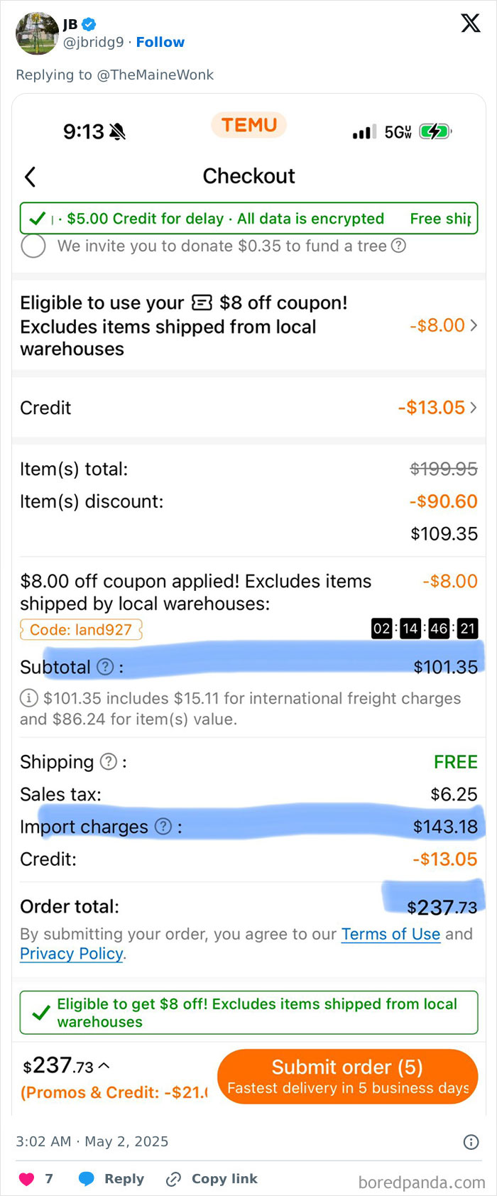 Screenshot of an online order showing $104.59 additional charges highlighting impact of high tariffs on regular Americans.
