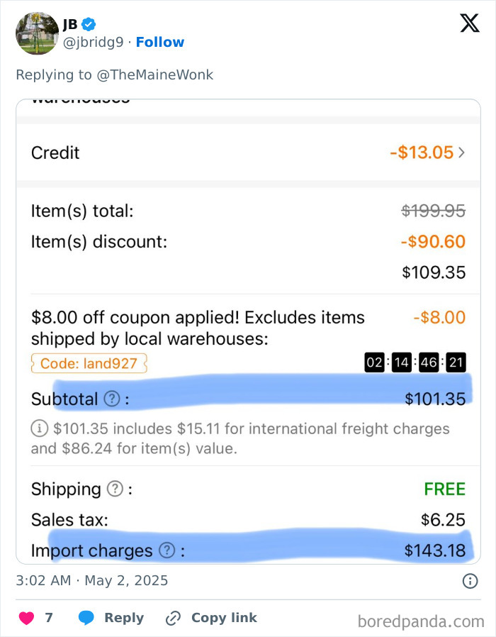Receipt showing high import charges and subtotal, illustrating the financial impact of tariffs on regular Americans.
