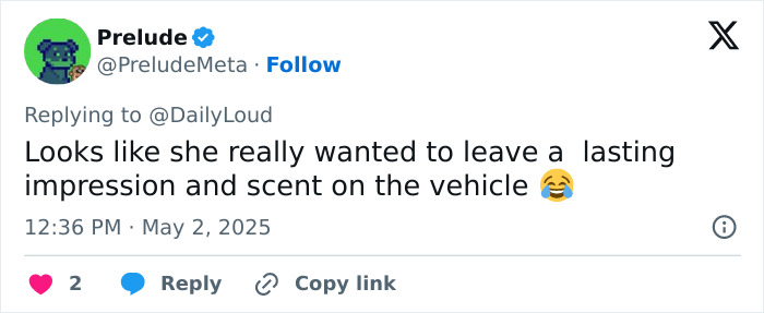 Tweet from PreludeMeta joking about a road-raged woman leaving a lasting impression and scent on a vehicle.