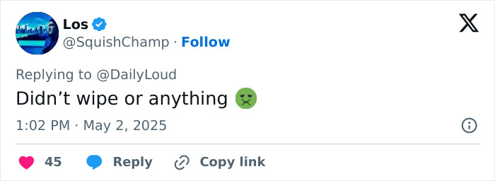 Twitter reply from user Los reacting with disgust emoji to road-raged woman pooping on another driver&rsquo;s car incident.