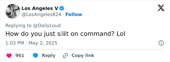 Tweet from Los Angeles V reacting to road-raged woman pooping on a car, discussing the incident online with humor.