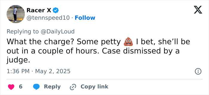 Tweet reaction to road-raged woman who pooped on another driver&rsquo;s car, discussing charges and case dismissal.