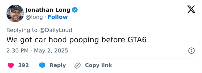 Tweet from Jonathan Long commenting on road rage incident involving car hood pooping, sparking viral internet reaction.
