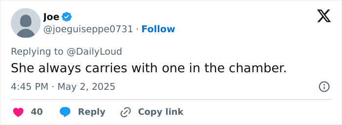 Tweet from user Joe referencing road-raged woman incident, replying to DailyLoud with a humorous comment.