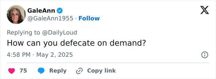 Screenshot of a tweet questioning how someone can defecate on demand, related to road-raged woman incident.