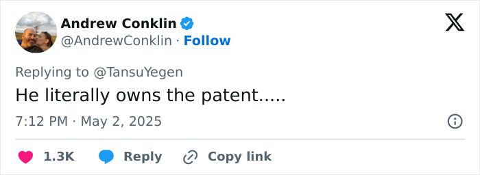 Screenshot of a tweet by Andrew Conklin discussing the patent related to Michael Jackson's iconic lean and the ongoing doubts.