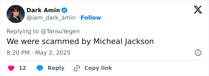 Tweet by Dark Amin stating we were scammed by Michael Jackson, discussing doubts about Michael Jackson's iconic lean.