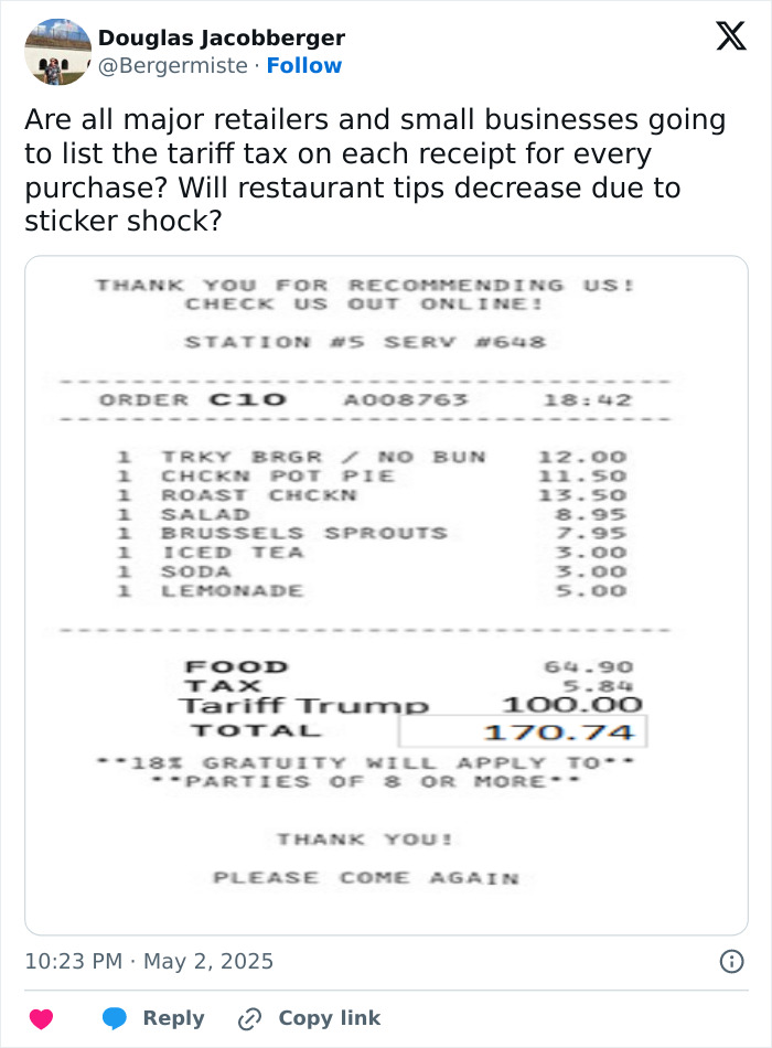 Receipt showing high tariffs paid by regular Americans with detailed food items and a large tariff charge included in total price