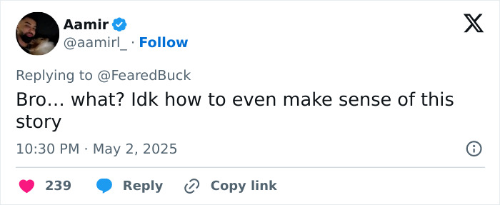 Tweet from user Aamir expressing confusion about a story involving a racist woman and playground incident raising $500K.