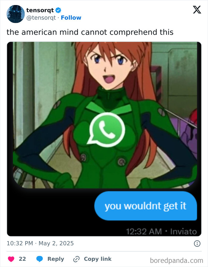 Anime character in green suit with WhatsApp logo, shared to confuse Americans online with a cryptic message.