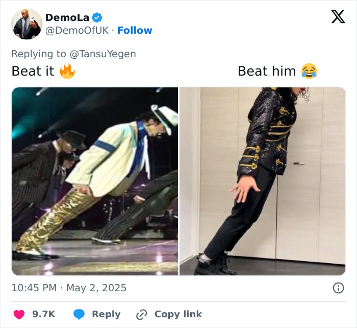 Side-by-side images of Michael Jackson&rsquo;s iconic lean and a person recreating the famous Michael Jackson lean move.