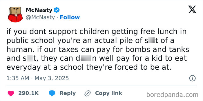 Tweet criticizing current political situation on free school lunch funding, reflecting public frustration in online discussions.
