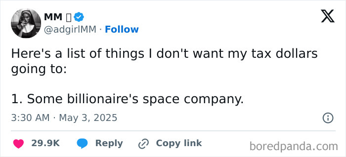 User expressing frustration with current political situation by listing disagreements about government spending in an online post.