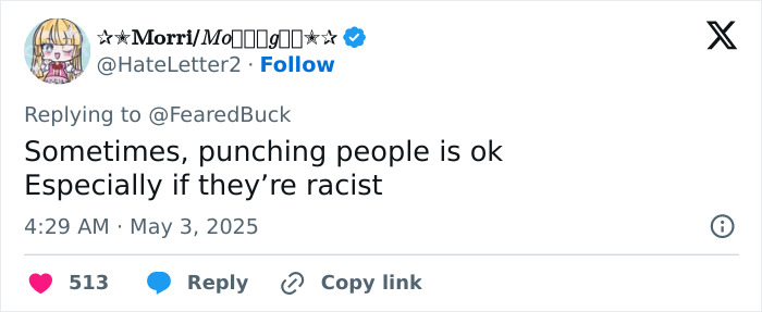 Tweet about punching racist people, highlighted in a social media reply to a controversial racist incident.