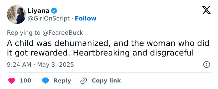 Twitter post by Liyana condemning the racist woman who called a 5-year-old the N-word on playground.