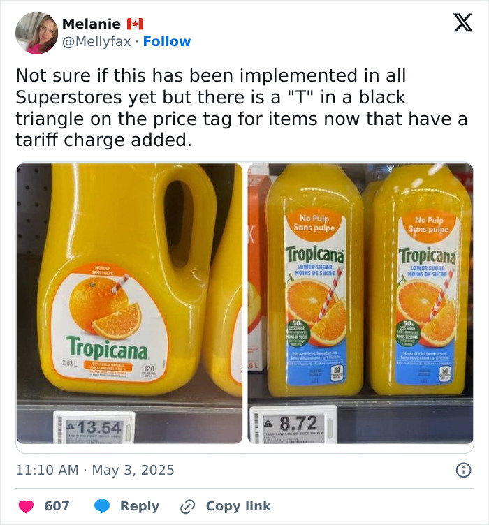 Price tags on Tropicana juice showing tariff charge indicators, highlighting impact of high tariffs on regular Americans.