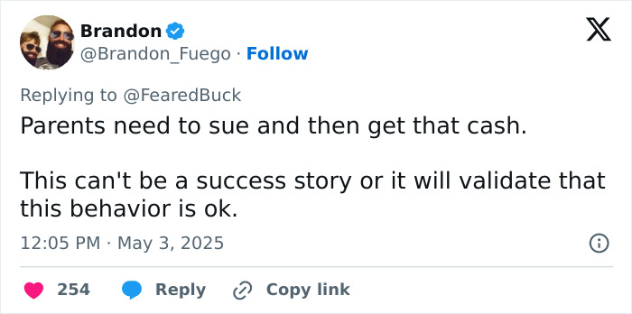 Tweet from Brandon urging parents to sue after racist woman calls child the N-word and raises $500K claiming victimhood.