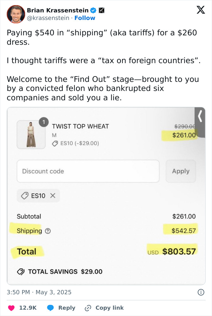 Tweet showing high tariffs labeled as shipping costs increasing a $260 dress price to over $800, highlighting impact on regular Americans.