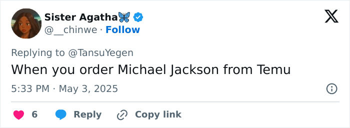 Tweet by Sister Agatha discussing Michael Jackson with a sarcastic comment referencing Temu, posted in May 2025.