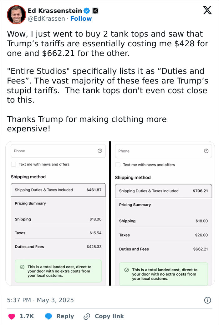Tweet showing high tariffs increasing clothing costs with detailed shipping duties and fees on two tank tops purchased online.
