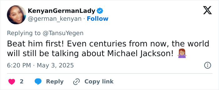 Tweet from KenyanGermanLady discussing Michael Jackson's legacy and iconic lean sparking new doubts years after his passing.