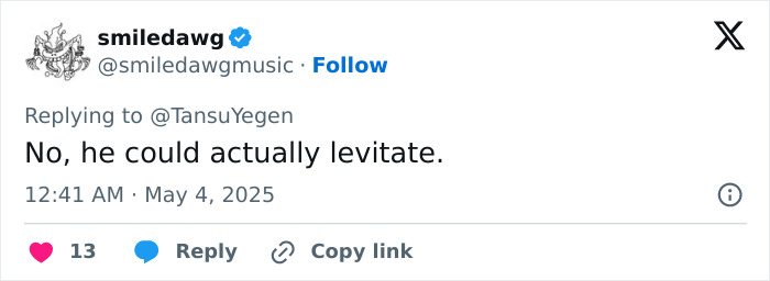 Tweet by smiledawg replying to a Michael Jackson discussion, claiming he could actually levitate, sparking new doubts.