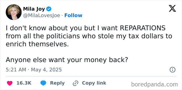 Tweet about politicians stealing tax dollars shared by a user expressing frustration with the current political situation online.