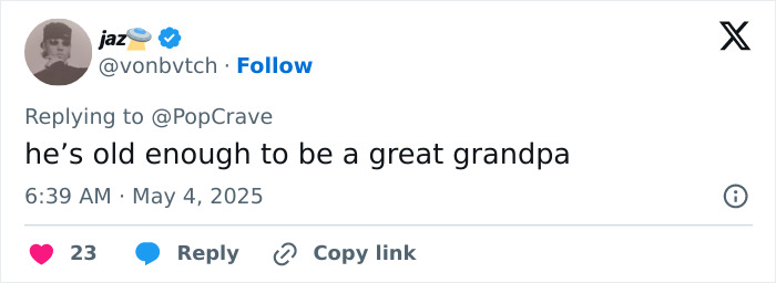 Twitter comment about Gigi Hadid and Bradley Cooper's relationship, highlighting fan reactions to their major age gap. Twitter comment about Gigi Hadid and Bradley Cooper's relationship, highlighting fan reactions to their major age gap.