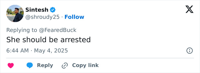 Screenshot of a tweet saying she should be arrested, related to racist woman who called a child a racial slur.