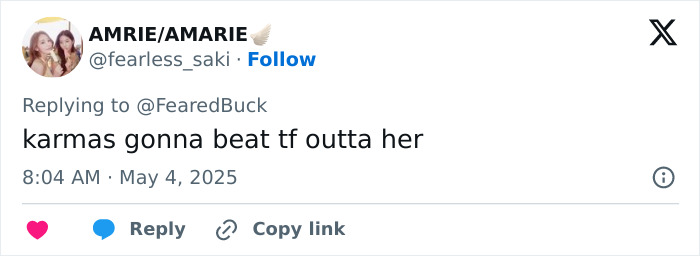 Screenshot of a Twitter reply saying karmas gonna beat tf outta her, related to racist woman raising $500K after playground incident.