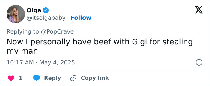 Screenshot of a tweet criticizing Gigi Hadid in relation to her relationship with Bradley Cooper and their age gap. Screenshot of a tweet criticizing Gigi Hadid in relation to her relationship with Bradley Cooper and their age gap.