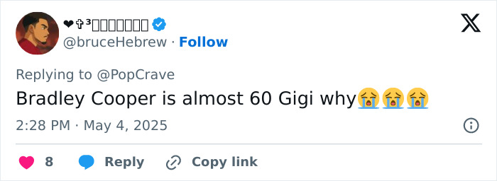 Tweet expressing shock at the major age gap between Gigi Hadid and Bradley Cooper in their relationship announcement. Tweet expressing shock at the major age gap between Gigi Hadid and Bradley Cooper in their relationship announcement.