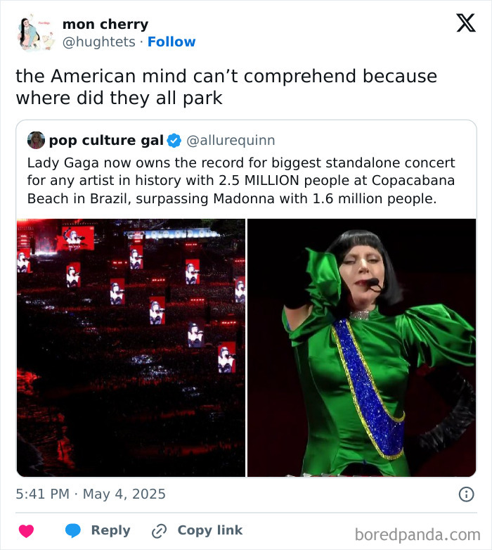 Lady Gaga performing at record-breaking Copacabana Beach concert with 2.5 million people, confusing the American mind.