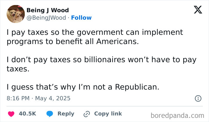 Tweet discussing frustration with current political situation and unfair tax policies shared online by user Being J Wood.
