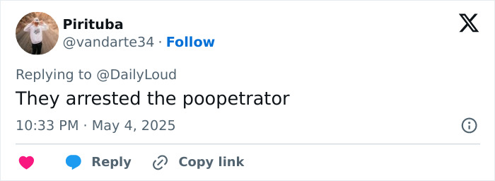 Tweet screenshot showing user reacting to road rage incident involving poopetrator arrest, causing viral online discussion.