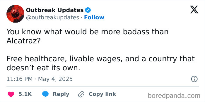 Tweet expressing frustration with the current political situation, calling for free healthcare and livable wages online.