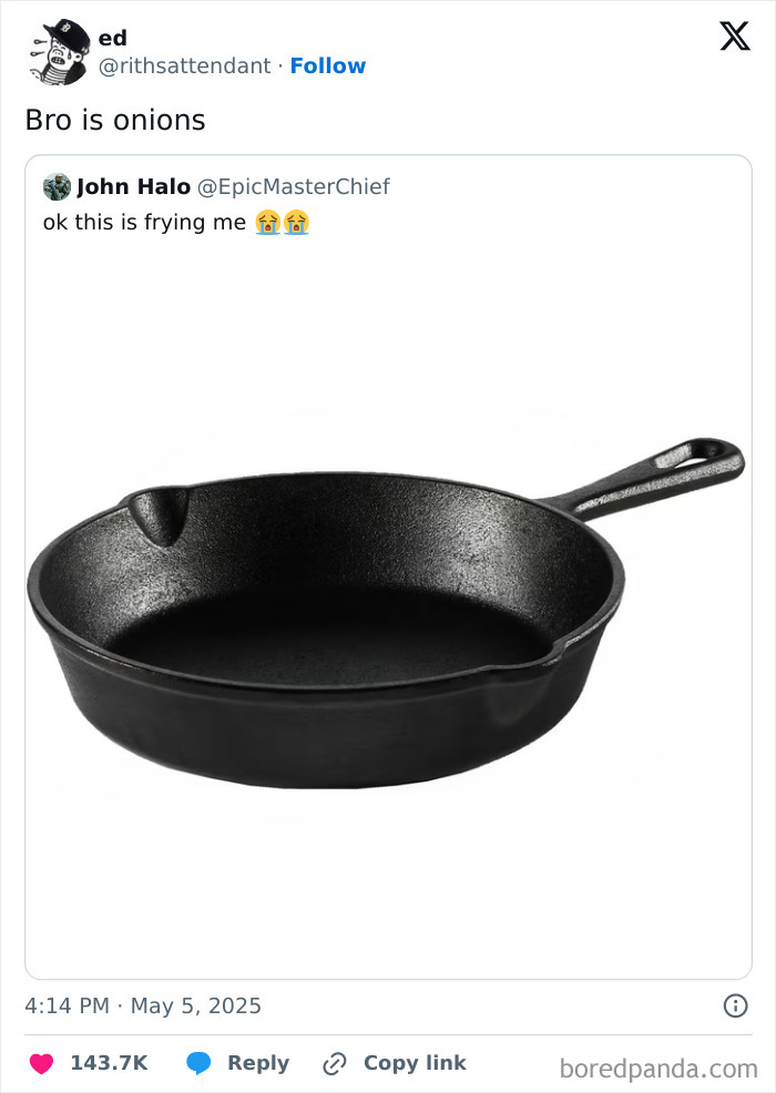 Tweet showing a cast iron skillet with humorous comments, part of funny tweets from May collection.