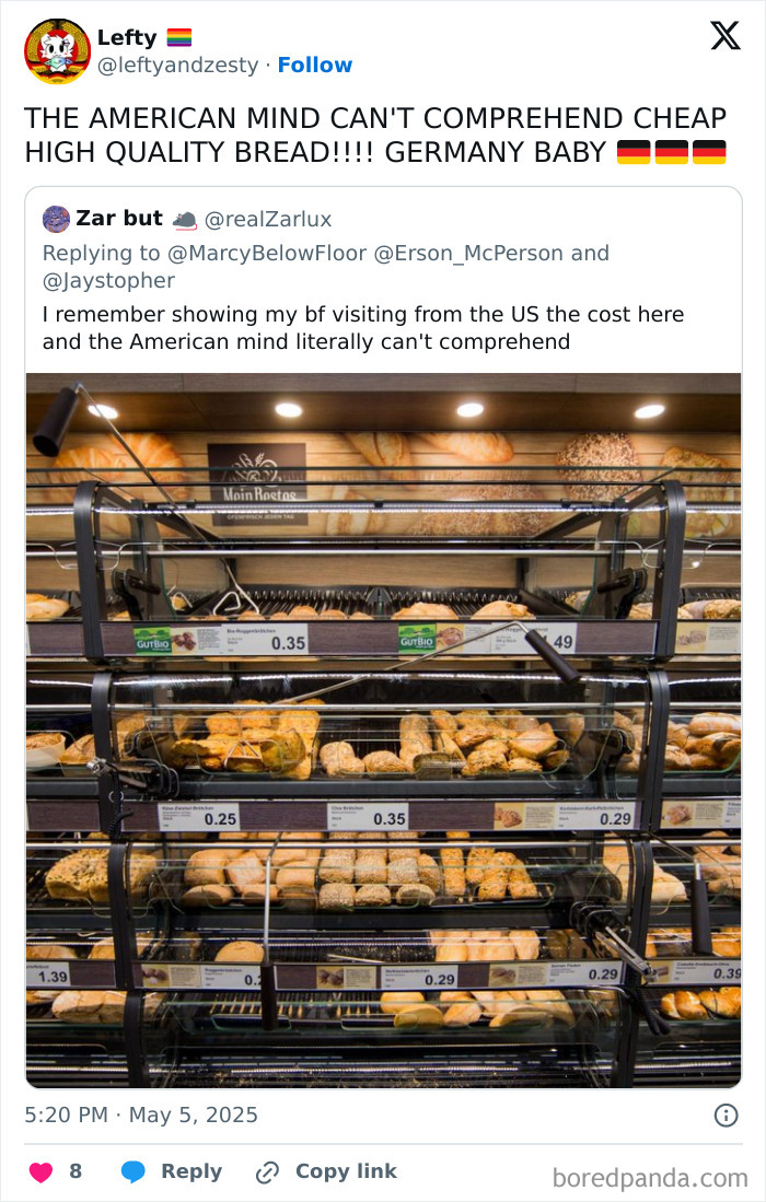 Bakery shelves in a store showing cheap, high quality bread with price tags, confusing the American mind.