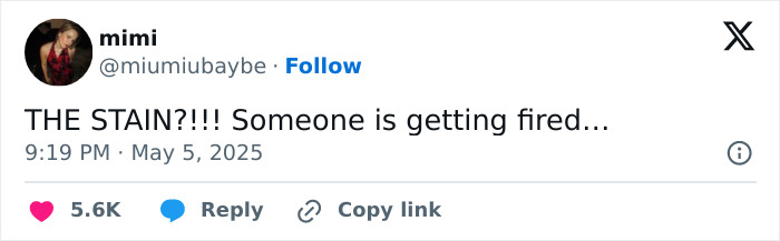 Tweet saying the stain on Anna Wintour's Met Gala dress means someone is getting fired, generating gossip online. Tweet saying the stain on Anna Wintour's Met Gala dress means someone is getting fired, generating gossip online.