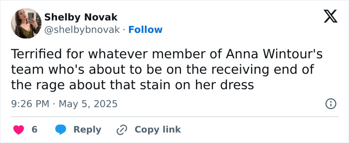 Tweet expressing concern for Anna Wintour's team member over Met Gala dress stain and potential fallout from the incident. Tweet expressing concern for Anna Wintour's team member over Met Gala dress stain and potential fallout from the incident.